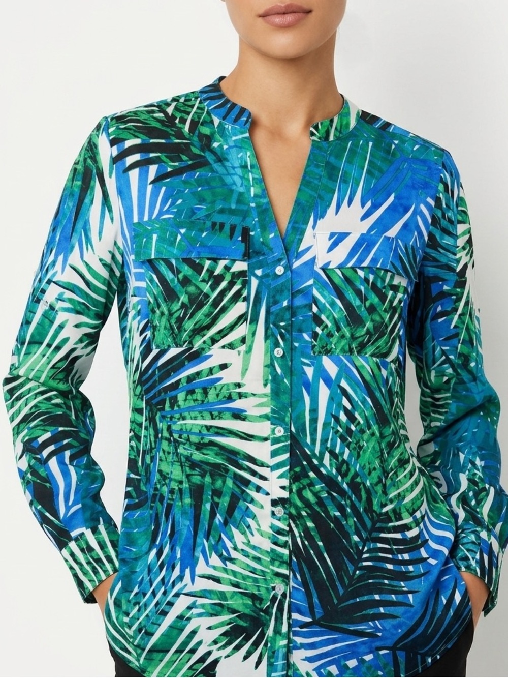 Calvin Klein Womens 0X Tropical Leaf Print Blouse Blue Green Button Front Top